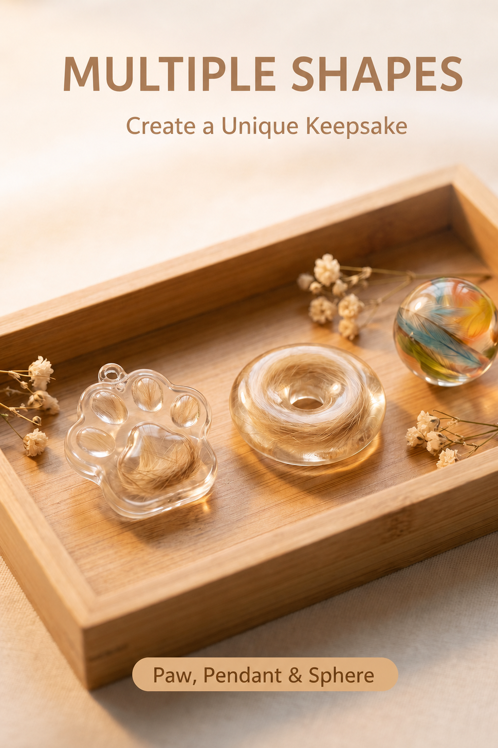 Examples of paw, pendant and sphere keepsakes made with the kit